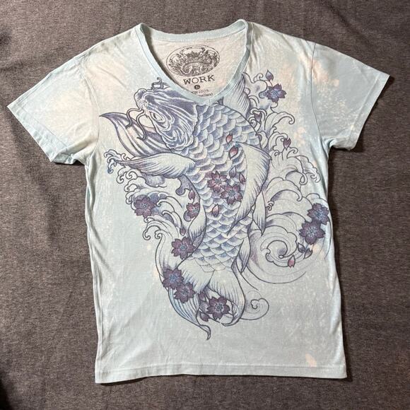 WORK Other - WORK Carp Koi Fish T-Shirt Men Blue White Japan Japanese Tattoo Yakuza V-Neck L